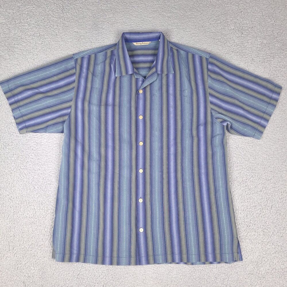 Tommy Bahama Shirt Mens Large Blue Striped Silk Button Down Hawaiian Camp